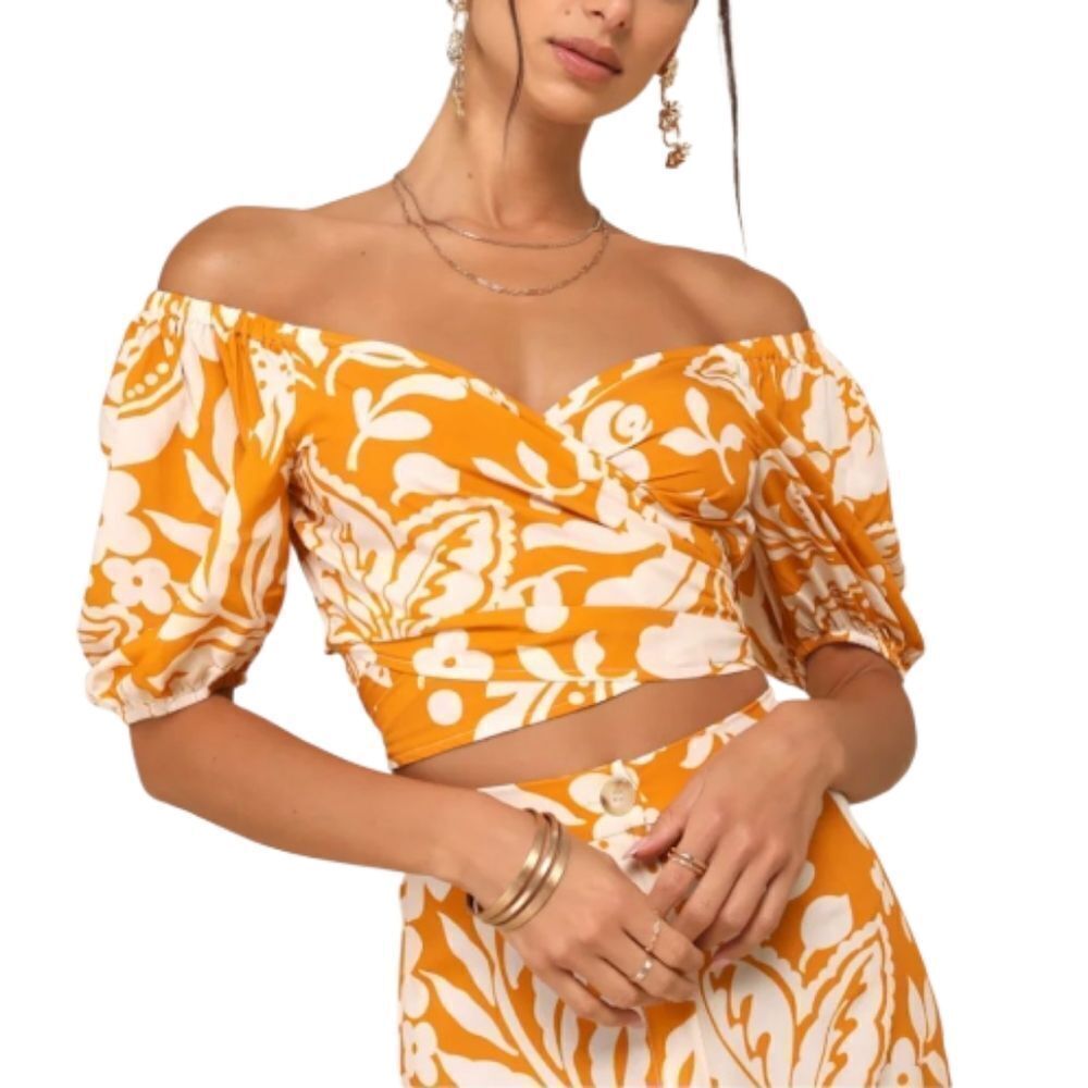 Lulu's Women's Double the Charm Orange Floral Wrap Crop Top Size M NWT